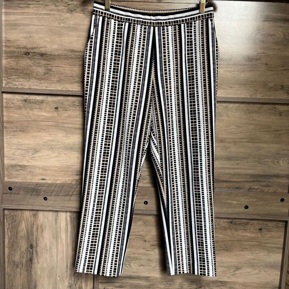 Dennis Basso S Black Tan White Vertical Stripe Pull On Pants Preppy Professional